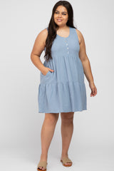 Blue Sleeveless Tiered Button Front Plus Dress