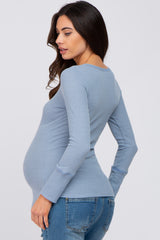 Light Blue Waffle Knit Maternity Long Sleeve Top