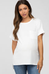 White Ribbed Hi-Low Hem Pocketed Maternity Top