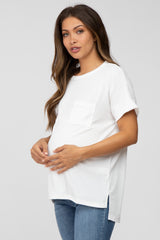 White Ribbed Hi-Low Hem Pocketed Maternity Top