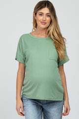 Light Olive Ribbed Hi-Low Hem Pocketed Maternity Top