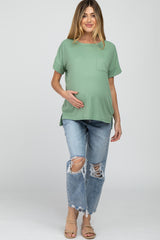 Light Olive Ribbed Hi-Low Hem Pocketed Maternity Top