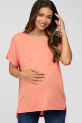 Coral Ribbed Hi-Low Hem Pocketed Maternity Top