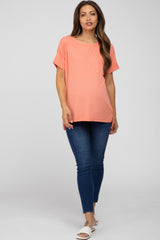 Coral Ribbed Hi-Low Hem Pocketed Maternity Top