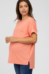 Coral Ribbed Hi-Low Hem Pocketed Maternity Top