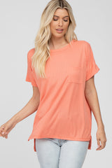 Coral Ribbed Hi-Low Hem Pocketed Maternity Top