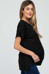 Black Ribbed Hi-Low Hem Pocketed Maternity Top