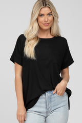 Black Ribbed Hi-Low Hem Pocketed Maternity Top