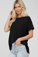 Black Ribbed Hi-Low Hem Pocketed Top