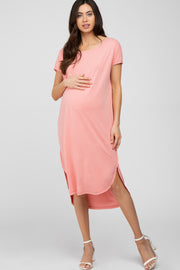 Coral Pink Raw Hem Basic Maternity Dress