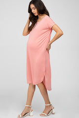 Coral Pink Raw Hem Basic Maternity Dress