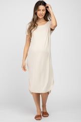 Beige Raw Hem Basic Maternity Dress