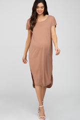 Mocha Raw Hem Basic Maternity Dress