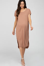 Mocha Raw Hem Basic Maternity Dress