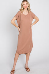 Mocha Raw Hem Basic Maternity Dress