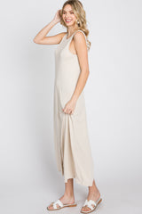 Beige Low V-Back Sleeveless Midi Dress