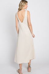 Beige Low V-Back Sleeveless Midi Dress