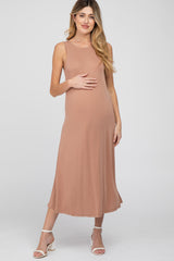 Mocha Low V-Back Sleeveless Maternity Midi Dress