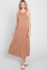 Mocha Low V-Back Sleeveless Midi Dress