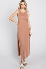 Mocha Low V-Back Sleeveless Midi Dress