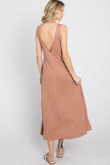 Mocha Low V-Back Sleeveless Midi Dress