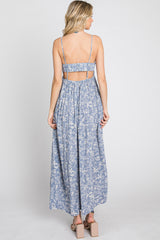 Blue Floral Back Cutout Midi Dress