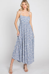 Blue Floral Back Cutout Midi Dress