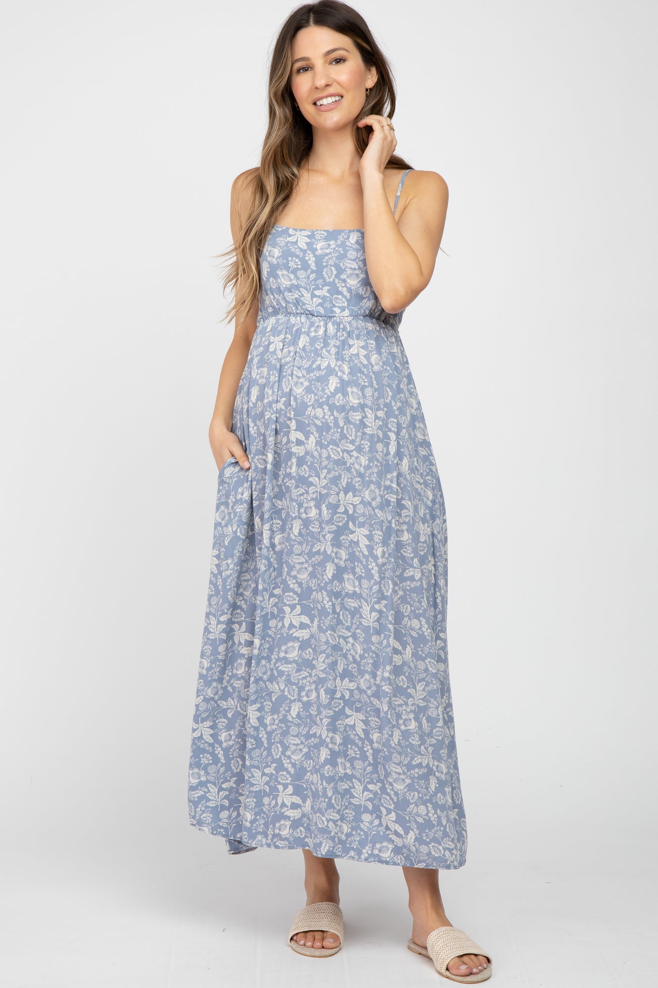 Blue Floral Back Cutout Maternity Midi Dress – PinkBlush