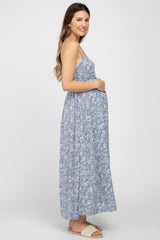 Blue Floral Back Cutout Maternity Midi Dress