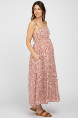 Mauve Floral Back Cutout Maternity Midi Dress