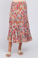 Beige Tropical Floral Ruffle Tiered Maternity Midi Skirt