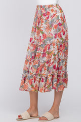 Beige Tropical Floral Ruffle Tiered Midi Skirt