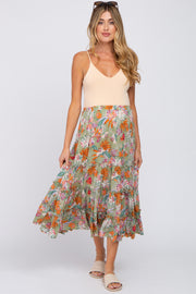 Green Tropical Floral Ruffle Tiered Maternity Midi Skirt