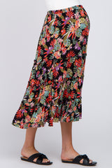 Black Tropical Floral Ruffle Tiered Maternity Midi Skirt