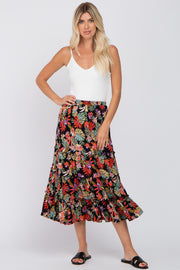 Black Tropical Floral Ruffle Tiered Midi Skirt