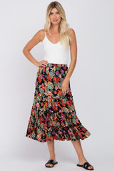 Black Tropical Floral Ruffle Tiered Maternity Midi Skirt