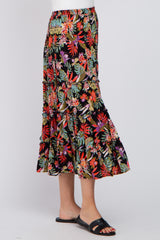 Black Tropical Floral Ruffle Tiered Midi Skirt