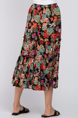 Black Tropical Floral Ruffle Tiered Midi Skirt