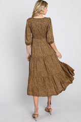 Camel Animal Print Smocked Midi Dress