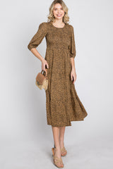 Camel Animal Print Smocked Midi Dress