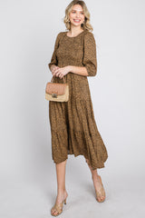 Camel Animal Print Smocked Midi Dress