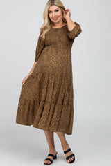 Camel Animal Print Smocked Maternity Midi Dress