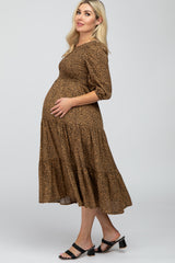 Camel Animal Print Smocked Maternity Midi Dress