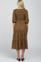 Camel Animal Print Smocked Maternity Midi Dress