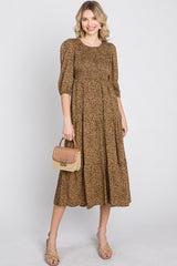 Camel Animal Print Smocked Maternity Midi Dress