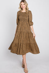 Camel Animal Print Smocked Midi Dress