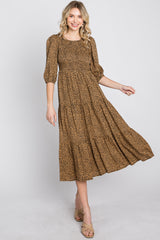 Camel Animal Print Smocked Midi Dress