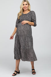 Black Animal Print Smocked Maternity Midi Dress