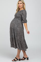 Black Animal Print Smocked Maternity Midi Dress