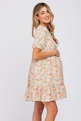 Sage Floral Short Sleeve Ruffle Hem Maternity Dress